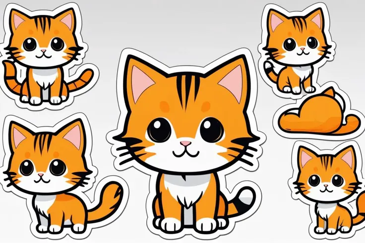 chibi ,2d cartoon style,(clean white background:1.4), very very cute orange kitty ((sticker)), multiple poses on one page for A4 printer <lora:chibostyle:1>