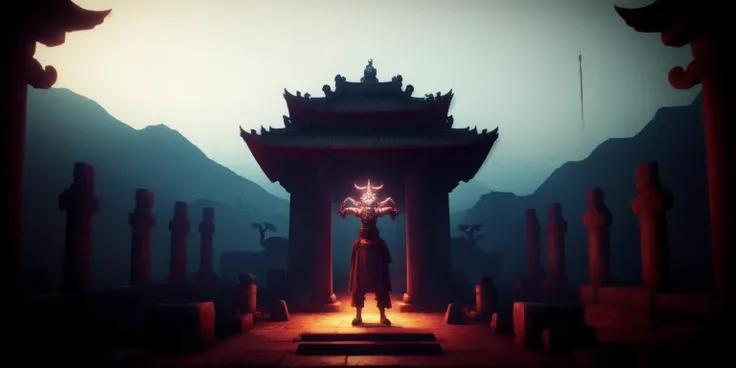 <lora:15MovingMeditations:1>meditation scene: a video game scene with a demon standing in front of a temple