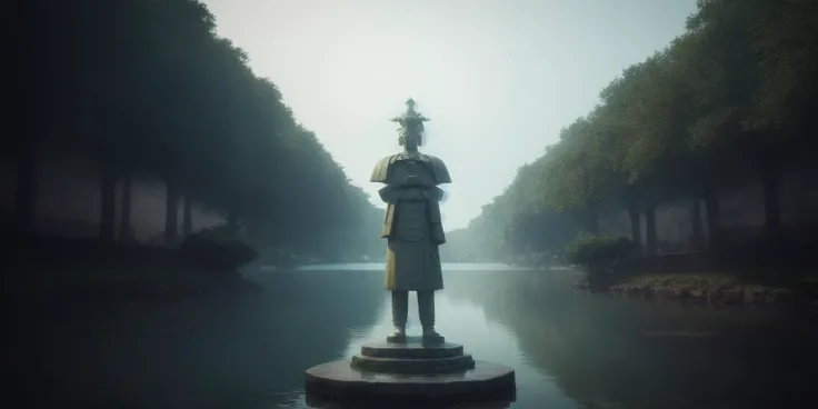 <lora:15MovingMeditations:1>meditation scene: a statue of a man standing in front of a body of water