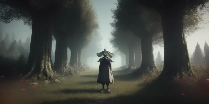 <lora:15MovingMeditations:1>meditation scene: a group of people standing around in a forest