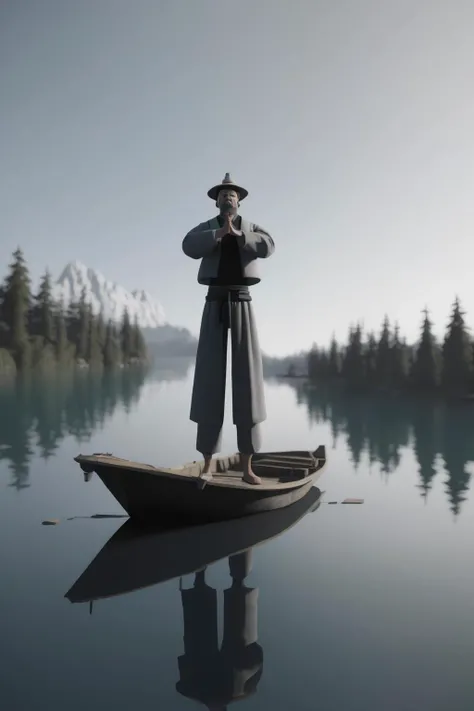 <lora:Moving Meditations:1>Moving Meditations - 00005-2569875593-meditation scene_ a man standing on a boat in a lake