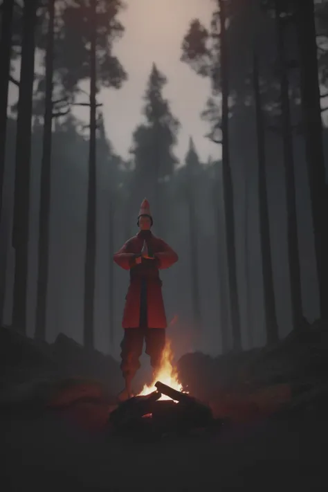 <lora:Moving Meditations:1>Moving Meditations - a person standing in front of a fire in a forest