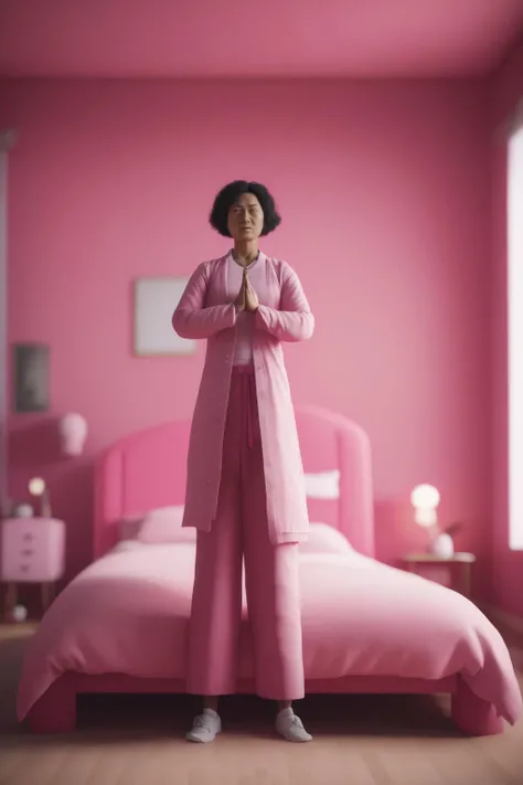 <lora:Moving Meditations:1>Moving Meditations - a woman standing in a bedroom with a pink bed
