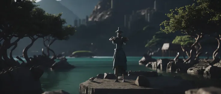 <lora:21MovingMeditations:1>meditation scene: a statue of a man standing in front of a body of water