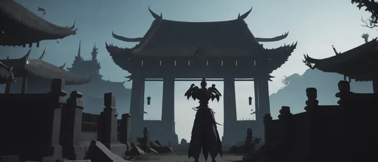 <lora:21MovingMeditations:1>meditation scene: a video game scene with a demon standing in front of a temple