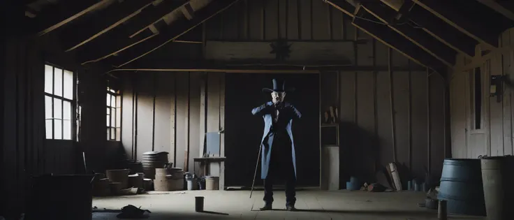 <lora:21MovingMeditations:1>meditation scene: a man with a top hat and cane standing in a barn