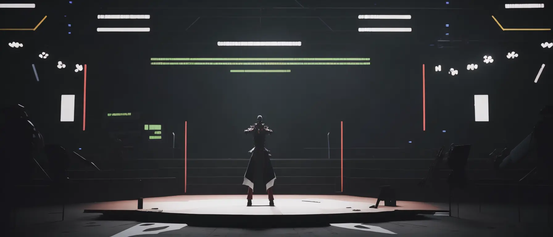 <lora:21MovingMeditations:1>meditation scene: a person standing on a stage in a video game
