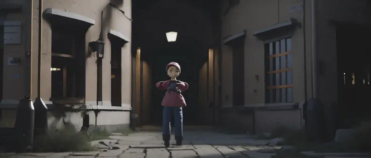 <lora:21MovingMeditations:1>meditation scene: a person holding a doll in front of a building