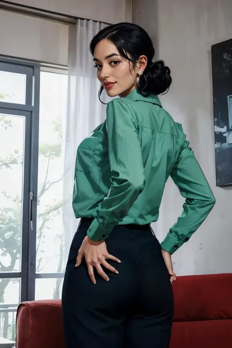 debdef, black hair, hair updo, jewellery,green shirt, blue slacks, looking back at viewer, serious, smiling,
leaning on sofa, from_behind, hands on hips, butt, inside fancy living room, playful ambiance, extreme detail, masterpiece, <lora:Debbie:.7>