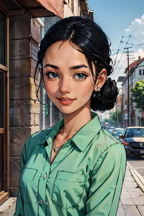 debdef, black hair, hair updo, jewellery, green shirt, looking at viewer, smiling, portrait, outside, blue sky, extreme detail, masterpiece,  <lora:Debbie:.7>