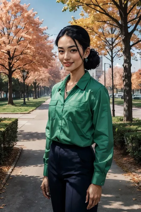 debdef, black hair, hair updo, jewellery, green shirt,blue slacks looking at viewer, smiling, standing, outside, park, trees,autumn, blue sky, extreme detail, masterpiece,  <lora:Debbie:.7>