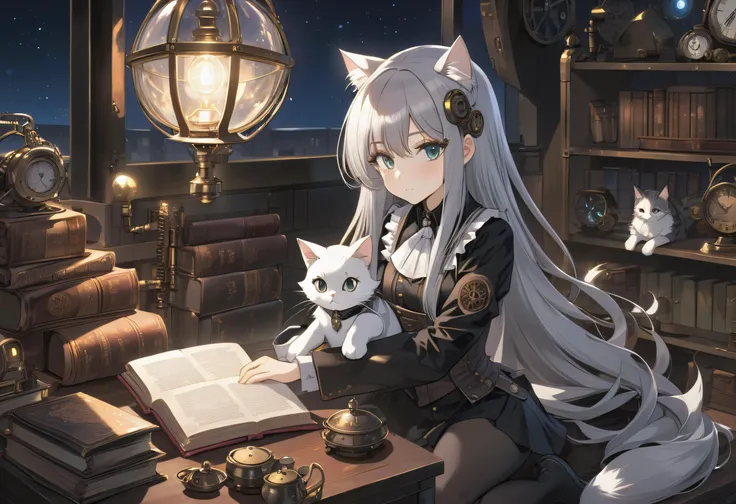 1girl, very long hair, flipped hair, bangs, steampunk home economics room nighttime, anime style, viewer from above, kneeling down, reading book, aesthetic, focus on face, beautiful silver eyes, cat
