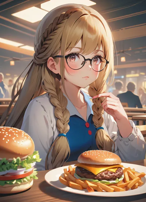 masterpiece, best quality, 1girl, long hair, glasses, burger, bored, braid, anime