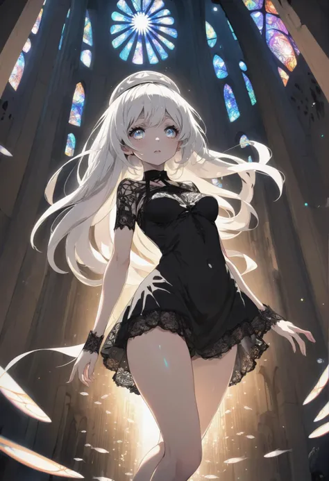 masterpiece,1girl, at Sagrada Familia, white pupils, Deathpunk, wearing, tiny hat,  black lace dress, Black lighting, vibrant light particles, moe, anime, panty shot from below, fish eye effect, white panties, laces,  turning around, spinning, very long hair