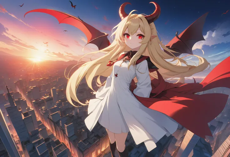1girl, blonde hair, absurdly long hair, demonic red eyes, horns, bright white radiant clothes,  fantasy cities evening, flying away from viewer, moe anime style, aesthetic, camerafrom above, red sky
