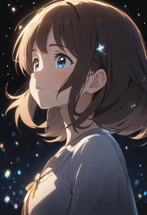 face focus, cute, masterpiece, best quality, 1girl, black background, light particle, solo, standing, pixiv, depth of field, cinematic compotision, best lighting, looking up, moe