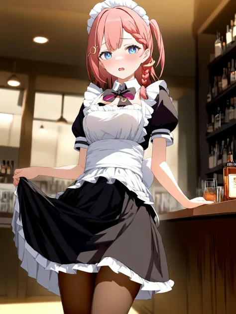 1girl, asta \(honkai: star rail\), solo, maid, maid headdress, maid apron, embarrassed, pantyhose, open mouth, blush, parted lips, looking at viewer, cowboy shot, bar \(place\), indoors, depth of field <lora:Char-HonkaiSR-Asta-XL-V1:0.8> <lora:XL-tool-extremely_detailed:1>, masterpiece, best quality, perfect features, extremely detailed, intricate details, ray tracing, very aesthetic