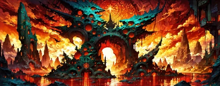 by Julie Bell and Boris Vallejo, A series of Badlands rock formations, naturally sculpted into grotesque shapes, each casting a sinister shadow under the glow of the red dusk light, forming a labyrinth of natural art. world in the style of the decaying empire of Würstreich, dark magic and grotesque creatures abound, inspired by Sean Aaberg's punk aesthetic, dark fantasy world combines grim landscapes with vibrant, colorful art, heroes skirmish monstrous foes in a setting where rebellion, decay, and mysticism intertwine, crafting a unique, immersive vibe, hyper detailed, professional poster art, bold lines, award winning, trending on ArtStation , (intricate details, masterpiece, best quality:1.4), looking at viewer, dynamic pose, in the style of nicola samori, (Use Dream Diffusion Secret Prompt)