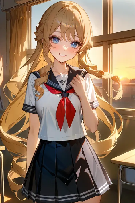 masterpiece, best quality, very aesthetic, ray tracing, newest, (hitenkei, askzy:0.4), 1girl, navia \(genshin impact\), school uniform, serafuku, cowboy shot, backlighting, sunbeam, sunset, classroom, indoors, window, light smile, blush, looking at viewer, facing viewer <lora:EnvyBetterHiresFixXL01:0:hr=1>, <lora:Char-Genshin-Navia-XL-V1:0.8>