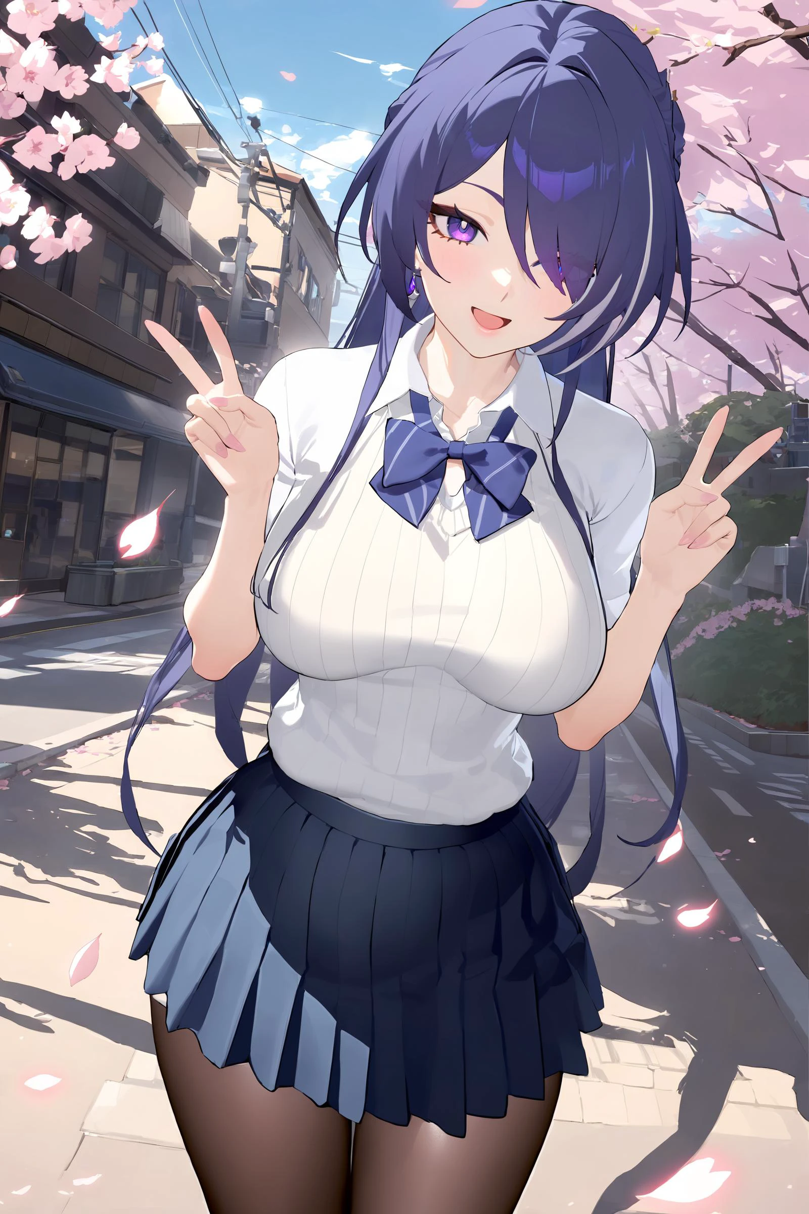 masterpiece, best quality, perfect features, intricate details, ray tracing, newest,(hitenkei, askzy:0.4), 1girl, acheron \(honkai: star rail\), solo, school uniform, white shirt, sweater, pleated skirt, pantyhose, light smile, double v, looking at viewer, smile, open mouth, outdoors, street, cherry blossoms, petals, depth of field <lora:Char-HonkaiSR-Acheron-XL-V1:0.9> <lora:EnvyBetterHiresFixXL01:0:hr=1>
