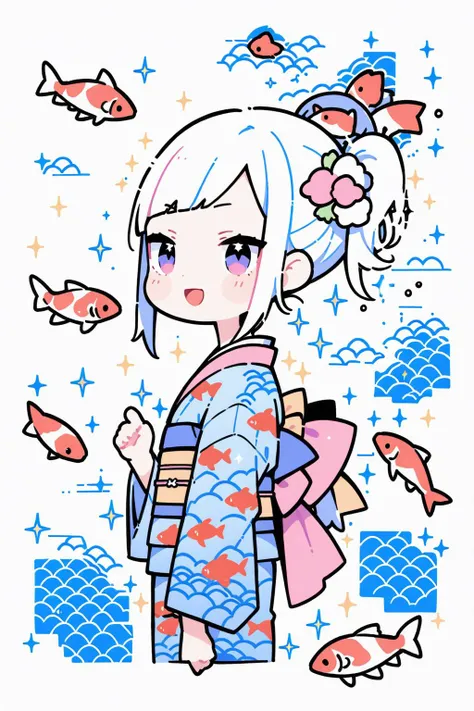 (Masterpiece:0.9), best quality, (illustration, incredibly absurdres:0.95), ultra detailed, solo, 1girl, from side, side ponytail, (:D), Kimono, sparkle, koi, kawaii, [(white background:1.4)::0.2], (Seigaiha \(pattern\) background:1.4), <lora:Anime Enhancer XL V2:1.0> <lora:add_details_xl:1.05> <lora:Destijl:0.9>