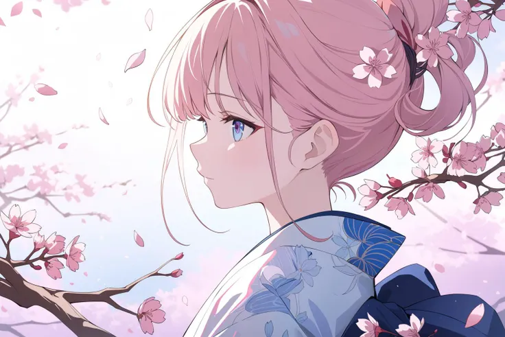 (Masterpiece:0.9), best quality, (illustration, art nouveau:0.95), ultra detailed, solo, 1 girl, from side, detailed eyes, folded ponytail, kimono, sakura, [(partially [[Cherry blossoms:new leaves:0.2]:Colorful Petals:0.35] botanical:1.2):0.1], (cinematic lighting, raytracing), absurd, [(white background:1.4)::0.2], (abstract background:1.2), <lora:add_details_xl:1>