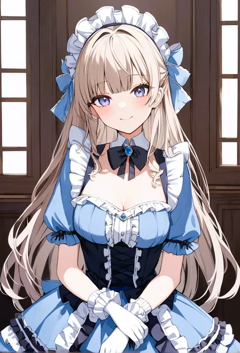 1girl, solo, long hair, blue dress, frills, pantyhose, gloves, looking at viewer, jewelry, bangs, lolita_fashion, smile, upper body,
highly detailed, best quality, absurdres