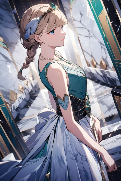 (Masterpiece:0.9), best quality, (illustration, incredibly absurdres:0.95), ultra detailed, solo, 1girl, cinematic angle, a woman with a braid and a tiara on her head is looking away from the camera and is wearing a dress, head piece, an art deco painting, art deco, depth of field, fashion photography, [(gradient background:1.4)::0.2], (marble background:1.4),  <lora:Anime Enhancer XL V2:1.25> <lora:add_details_xl:1.05>