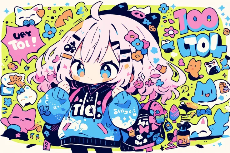 (Masterpiece:0.9), best quality, (illustration, official art:0.95), ultra detailed, solo, Kawaii girl, too many hair ornaments, harajuku fashion, Flowering, calligraphy, VOLUMETRIC SHADOW, cute doodle, Neko, Text, (graffiti, ink), [(rough texture background:1.4)::0.2], (mix up wallpaper:1.2), <lora:cutedoodle_XL:1>