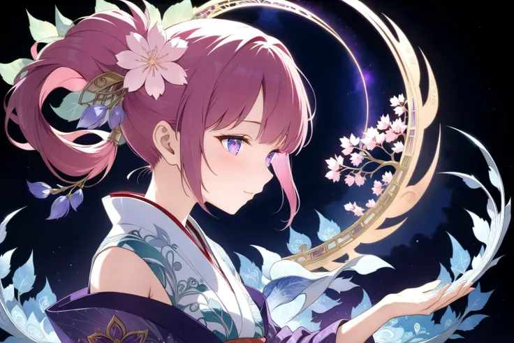 slvt, (Masterpiece:0.9), best quality, (illustration, art nouveau:0.95), ultra detailed, solo, 1 girl, from side, detailed eyes, folded ponytail, upper body, kimono, sakura, [(partially [[Cherry blossoms:new leaves:0.2]:new leaves:0.35] botanical:1.2):0.1], (cinematic lighting, raytracing), absurd, [(white background:1.4)::0.2], (fractal background:1.2), <lora:add_details_xl:1> <lora:artstyle:1> <lora:FractalSilverXL:0.8>