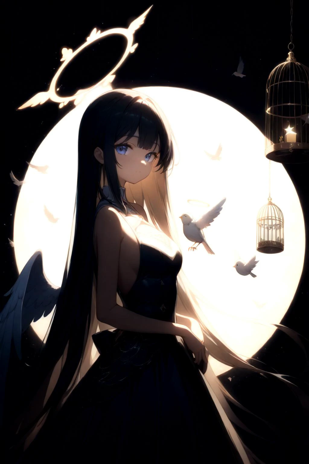 (Masterpiece:0.9), best quality, (illustration, official art:0.95), ultra detailed, solo, 1 girl, from side, detailed eyes, DETAILED SKIN TEXTURE, Glitter Halo, angel, birdcage, small bird, (cinematic lighting, VOLUMETRIC SHADOW:0.8), white wings, thick outline, absurd, [(white background:1.2)::0.2], (abstract wallpaper:1.2), <lora:anime enhancer V3 xl:1.3> <lora:sdxl2-flat2-512b:-0.75> <lora:cns2i2de878c73fo5mug:0.95>