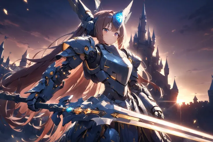 mecha musume, (Masterpiece:0.9), best quality, (illustration, incredibly absurdres:0.95), ultra detailed, solo, 1girl, dynamic angle, Medieval knight, (mechanical_ears:0.9), (plate_armor, pauldrons), long_sword, (lens flare:0.75), full armor, headgear, city_lights, (cinematic lighting, sunset), mechanical_arms, [(white background:1.4)::0.3], (castle background:1.4),  <lora:Anime Enhancer XL V2:1.4> <lora:add_details_xl:1.05> <lora:ES_HELLGATE_KNIGHT:0.75> <lora:cohes6le878c73flcteg:0.9>