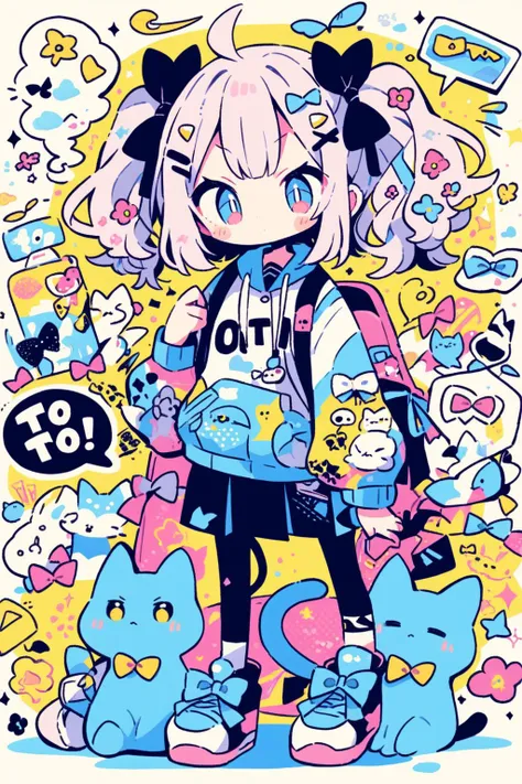 (Masterpiece:0.9), best quality, (illustration, official art:0.95), ultra detailed, solo, Kawaii girl, too many hair ornaments, harajuku fashion, ribbon, Flowering, calligraphy, VOLUMETRIC SHADOW, cute doodle, Neko, Text, (graffiti, ink), miracle, [(rough texture background:1.4)::0.2], (mix up wallpaper:1.2), <lora:cutedoodle_XL:1>