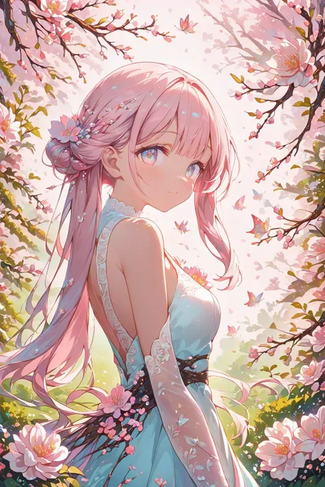 Sakura in the style of fl0r4lstyl3, (Masterpiece:0.9), best quality, (illustration, official art:0.95), ultra detailed, solo, 1 girl, from side, detailed eyes, white dress, Flowering, spring, (depth of field, VOLUMETRIC SHADOW), absurd, detailed background, [(rough texture background:1.4)::0.2], (Pastel pink wallpaper:1.2), <lora:anime enhancer V3 xl:1.15> <lora:cns2i2de878c73fo5mug:1.05> <lora:Floral_Watercolour:1.05> <lora:SDXLFaeTastic2400:1>