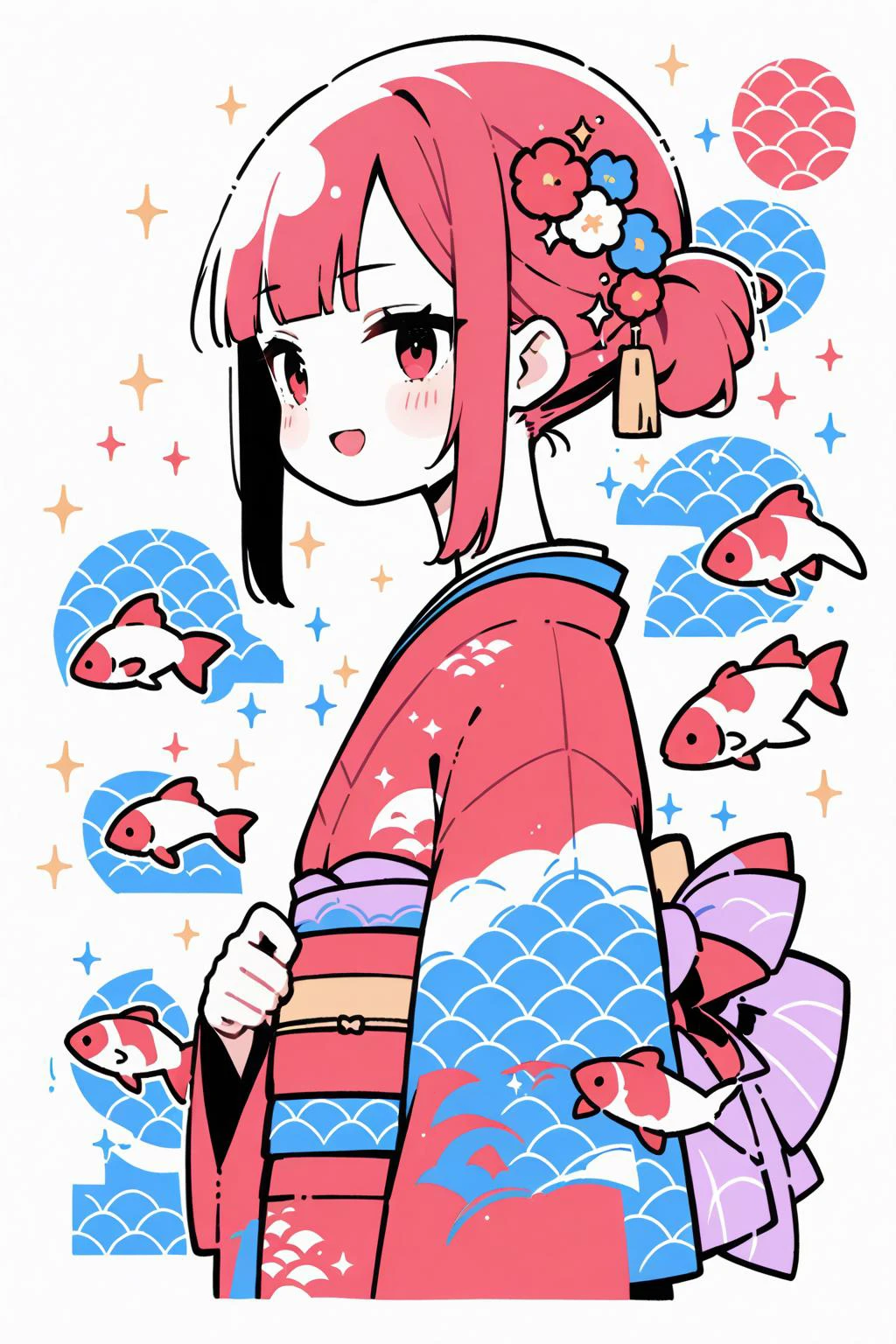 (Masterpiece:0.9), best quality, (illustration, incredibly absurdres:0.95), ultra detailed, solo, 1girl, from side, side ponytail, (:D), Red hair, floral decoration, Kimono, sparkle, koi, kawaii, [(white background:1.4)::0.2], (Seigaiha \(pattern\) background:1.4), <lora:Anime Enhancer XL V2:1.0> <lora:add_details_xl:1.05> <lora:Destijl:0.9>