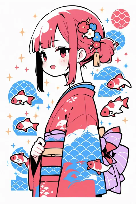 (Masterpiece:0.9), best quality, (illustration, incredibly absurdres:0.95), ultra detailed, solo, 1girl, from side, side ponytail, (:D), Red hair, floral decoration, Kimono, sparkle, koi, kawaii, [(white background:1.4)::0.2], (Seigaiha \(pattern\) background:1.4), <lora:Anime Enhancer XL V2:1.0> <lora:add_details_xl:1.05> <lora:Destijl:0.9>