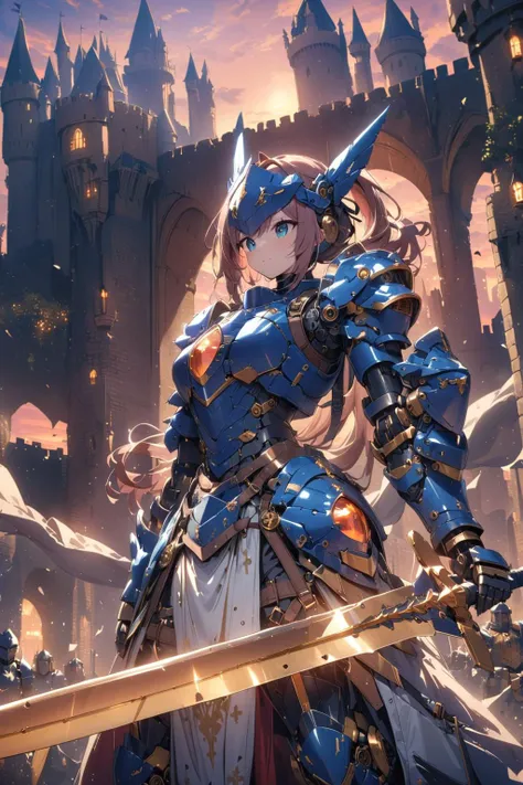 mecha musume, (Masterpiece:0.9), best quality, (illustration, incredibly absurdres:0.95), ultra detailed, solo, 1girl, dynamic angle, Medieval knight, (mechanical_ears:0.9), (plate_armor, pauldrons), long_sword, (lens flare:0.75), full armor, headgear, city_lights, (cinematic shadows, sunset), mechanical_arms, [(white background:1.4)::0.3], (castle background:1.4),  <lora:Anime Enhancer XL V2:1.4> <lora:add_details_xl:1.05> <lora:ES_HELLGATE_KNIGHT:0.75>