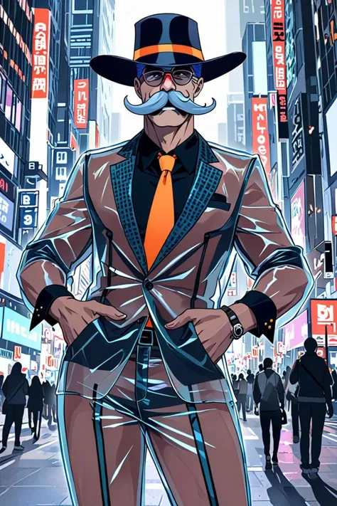 a fashion posing and f 2. 0 in a busy city in the style of isolate translucent, big mustache, <lora:sdxl_lightning_8step_lora.safetensors:1.0>, <lora:add detail xl.safetensors:1.5>