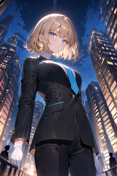 (Masterpiece:0.9), best quality, (illustration, incredibly absurdres:0.95), ultra detailed, solo, 1girl, cinematic angle, cool eyes, tsurime, black jacket, pants, black suit, necktie, white gloves, detailed, late night, HDR, [(Flat Color Background:1.4)::0.25], (Buildings Silhouette background:1.4), <lora:add_details_xl:1.05> <lora:1r1d3sc3nc3XL:1>