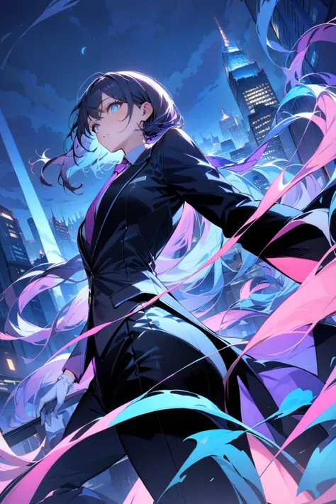 (Masterpiece:0.9), best quality, (illustration, incredibly absurdres:0.95), ultra detailed, solo, 1girl, cinematic angle, cool eyes, tsurime, black jacket, pants, black suit, necktie, white gloves, detailed, late night, HDR, [(Flat Color Background:1.4)::0.3], (Buildings Silhouette background:1.4), <lora:Anime Enhancer XL V2:1.0> <lora:add_details_xl:1.05>  <lora:aesthetic_anime_v1s:1.2>