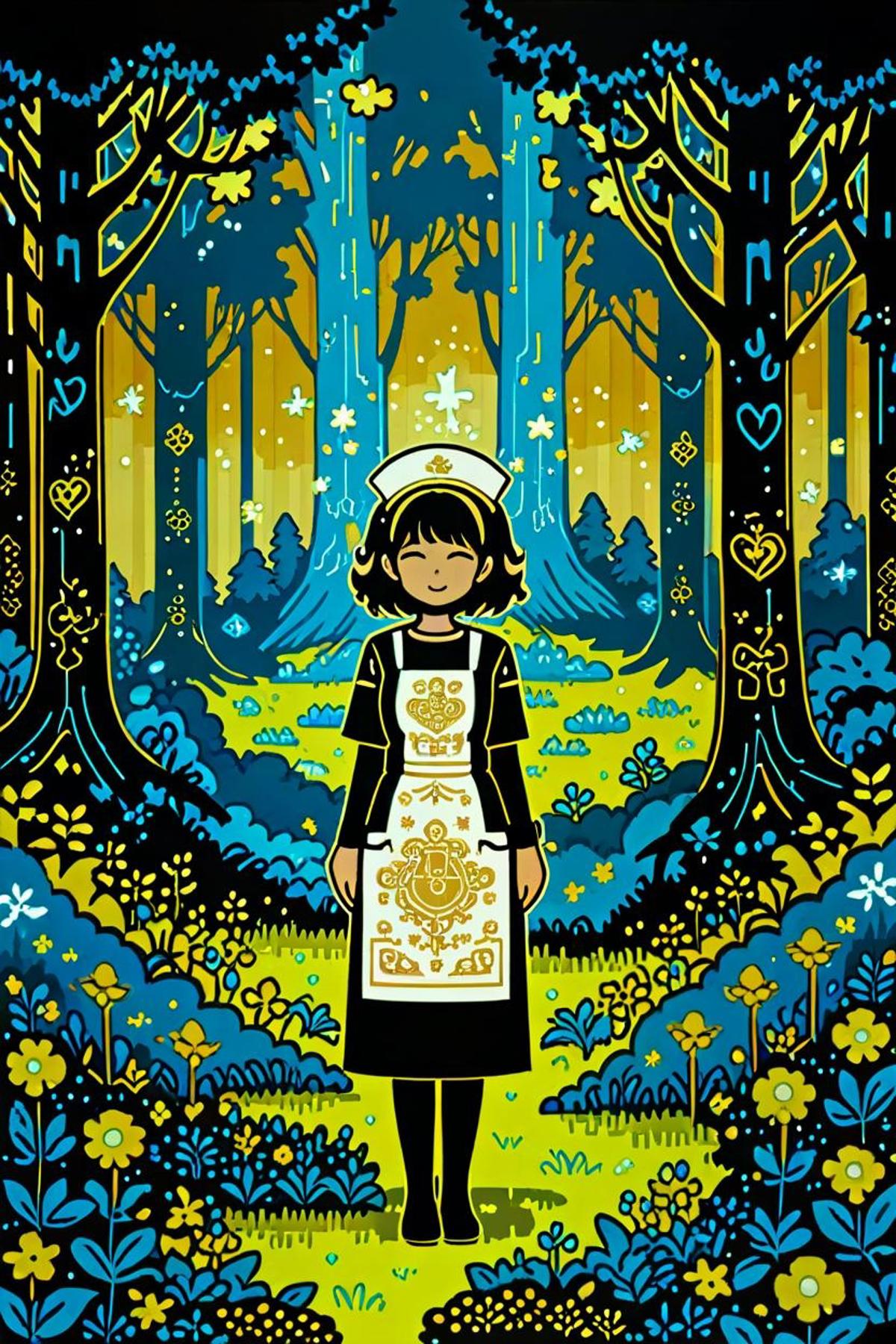 A woman in a dress standing in a forest with trees - SeaArt AI