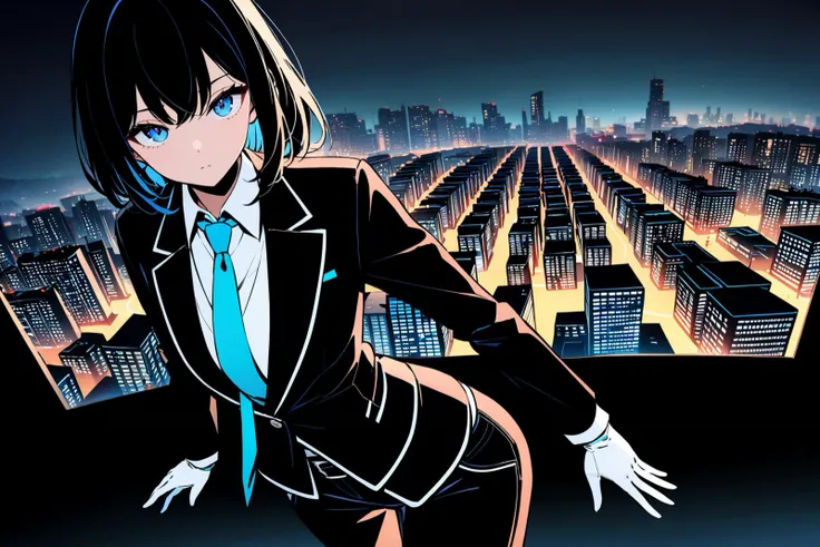 (Masterpiece:0.9), best quality, (illustration, incredibly absurdres:0.95), ultra detailed, solo, 1girl, cinematic angle, cool eyes, tsurime, black jacket, pants, black suit, necktie, white gloves, detailed, late night, HDR, [(Flat Color Background:1.4)::0.3], (Buildings Silhouette background:1.4),