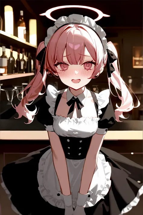 masterpiece, best quality, perfect features, intricate details, ray tracing, newest,(hitenkei, askzy:0.4), 1girl, koharu \(blue archive\), twintails, halo, solo, maid, maid headdress, maid apron, embarrassed, white pantyhose, open mouth, blush, smile, open mouth, taut dress, looking at viewer, cowboy shot, bar \(place\), indoors, depth of field <lora:Char-BlueArchive-Koharu-V1-XL:0.9>