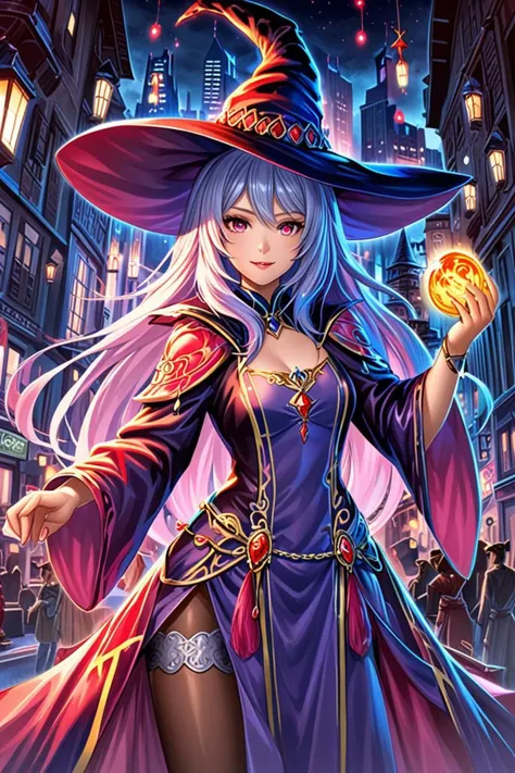 a beautiful witch female and red jewelry in a city midnight mist lights in the style of heavy brushstrokes, mtg card trading, <lora:sdxl_lightning_8step_lora.safetensors:0.6>, <lora:add-detail-xl.safetensors:-1>