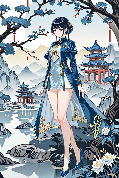 a blue surcoat and elegant legs in a chinese landscape in the style of transparency, catholic, <lora:sdxl_lightning_8step_lora.safetensors:1.0>, <lora:add detail xl.safetensors:1.5>