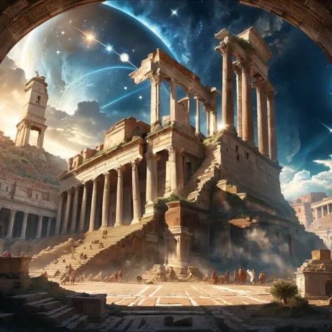 Back to ancient Roma, time travel (celestial sky and bleeze), classic (besst quality) hyper detailed 8k wallpaper