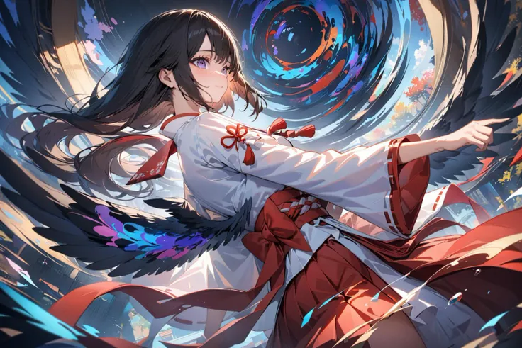 (Masterpiece:0.9), best quality, (illustration, incredibly absurdres:0.95), ultra detailed, solo, 1girl, cinematic angle, miko, red hakama, black hair, black wings, cinematic shadows, detailed, HDR, [(blue sky Background:1.4)::0.2], (abstract background:1.4), <lora:Anime Enhancer XL V2:1.0> <lora:add_details_xl:1.05> <lora:aesthetic_anime_v1s:1.2>