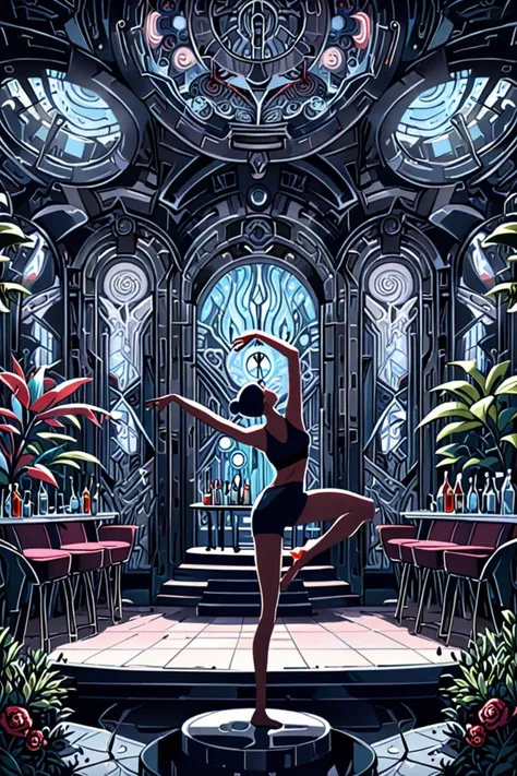a cocktail bar and yoga pose in a intricate detailed garden in the style of aquarion, dystopian style, <lora:sdxl_lightning_8step_lora.safetensors:1.0>, <lora:add detail xl.safetensors:1.5>