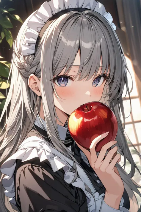 1girl,solo,Grey hair,long hair,maid's outfit,close-up of face,looking at viewer,holding apple in hand,
highly detailed,best quality,absurdres,detailed,HDR,natural light,