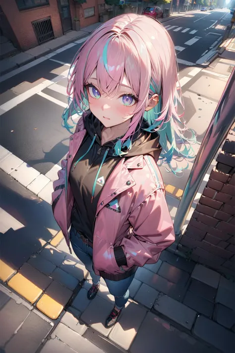 (Masterpiece:0.9), best quality, (illustration, incredibly absurdres:0.95), ultra detailed, solo, 1girl, jacket, jeans, shiny hair, pastel hair, gutter, drainpipe, detailed, HDR, natural light, crosswalk, [(blank space background:1.4)::0.1], (street isometric background:1.4), <lora:Anime Enhancer XL V2:1.0> <lora:add_details_xl:1.05> <lora:aesthetic_anime_v1s:1.2>